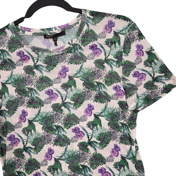 Maje Women 2 Mesh Thomasi Short Sleeve Top Floral Shirt Crewneck AOP Sheer - Picture 2 of 6